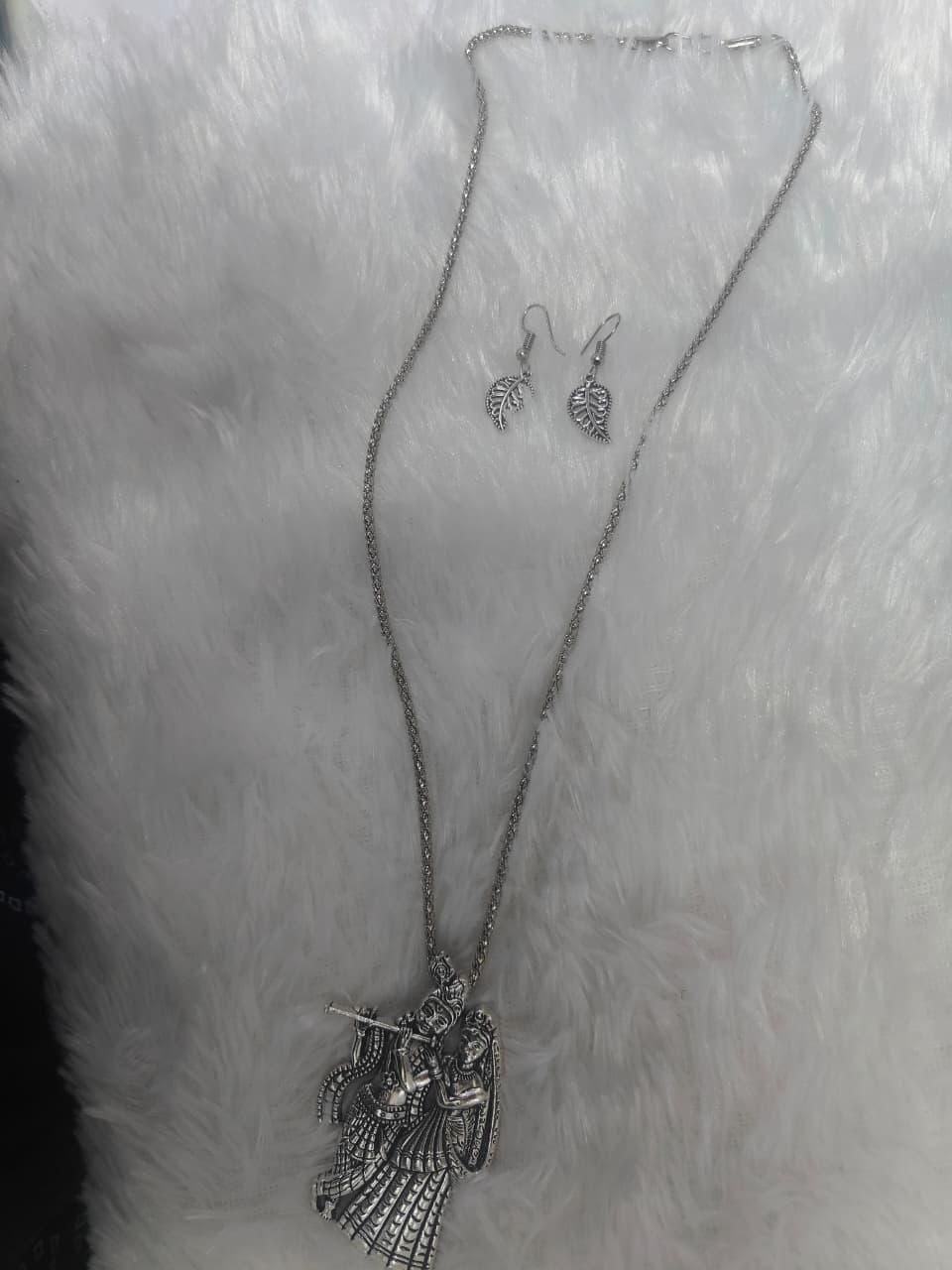Oxidized Radhe Krishna Pendant & Chain with Earrings