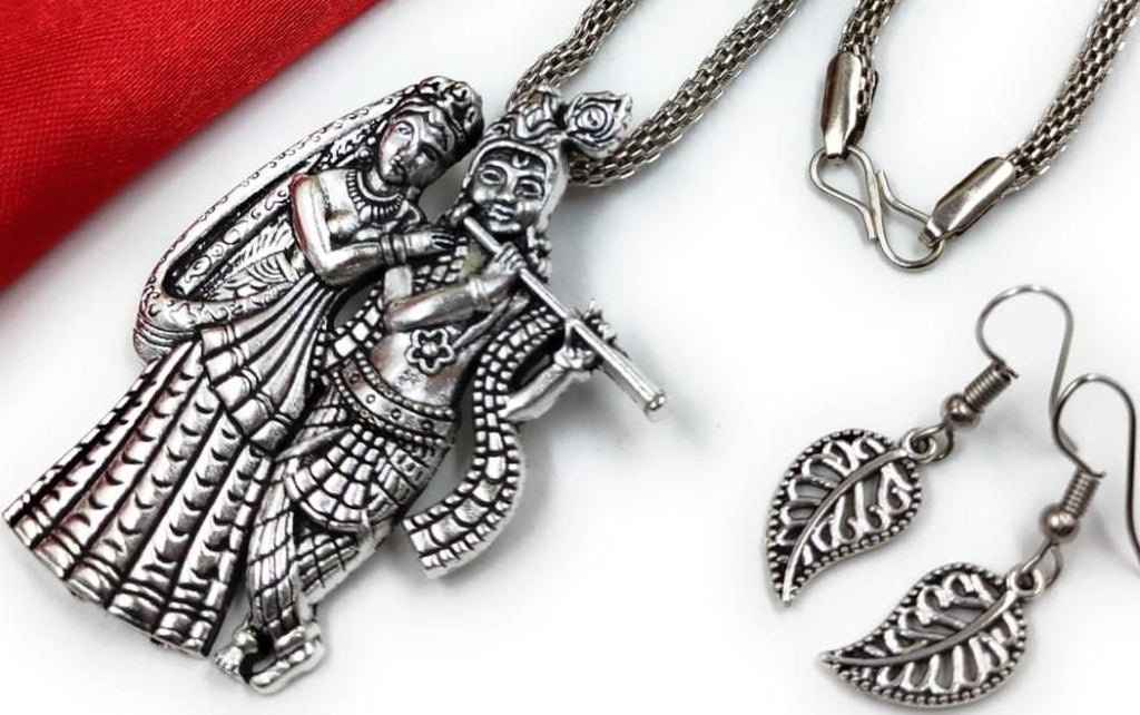 Oxidized Radhe Krishna Pendant & Chain with Earrings