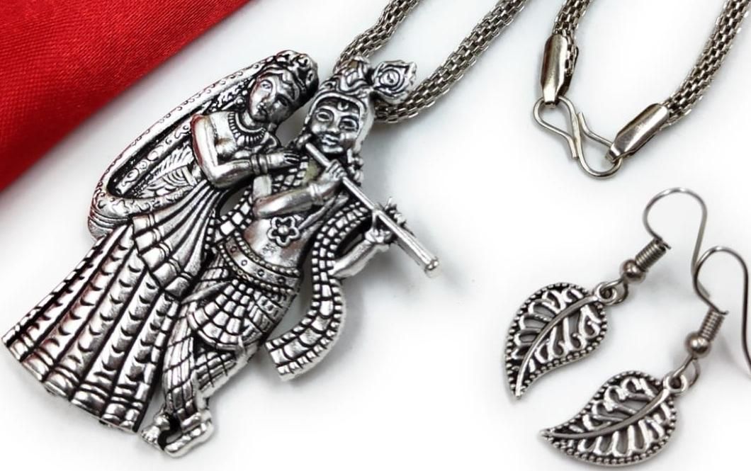 Oxidized Radhe Krishna Pendant & Chain with Earrings