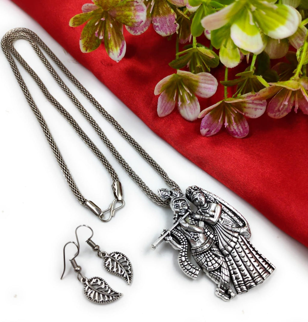 Oxidized Radhe Krishna Pendant & Chain with Earrings