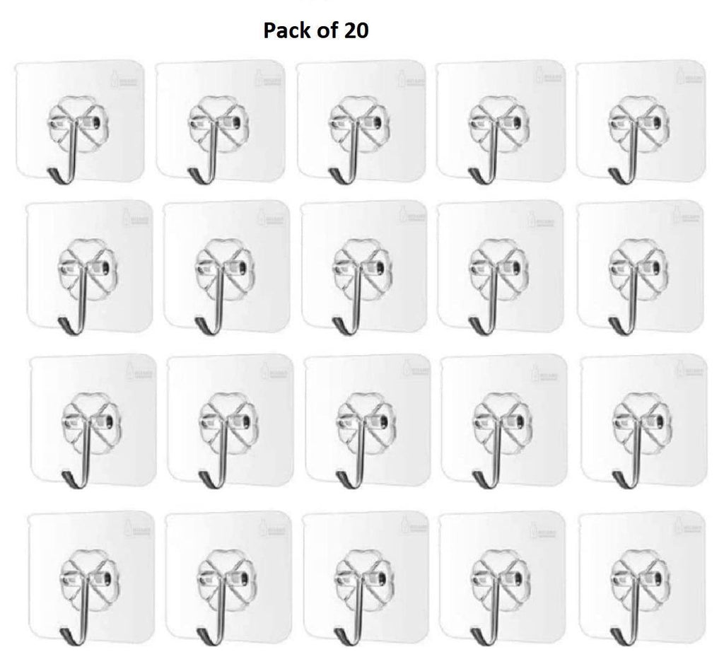 Self Adhesive Wall Hooks, Heavy Duty Sticky Hooks for Hanging 10kg (max), Waterproof Transparent Hooks for Wall (Pack of 20)